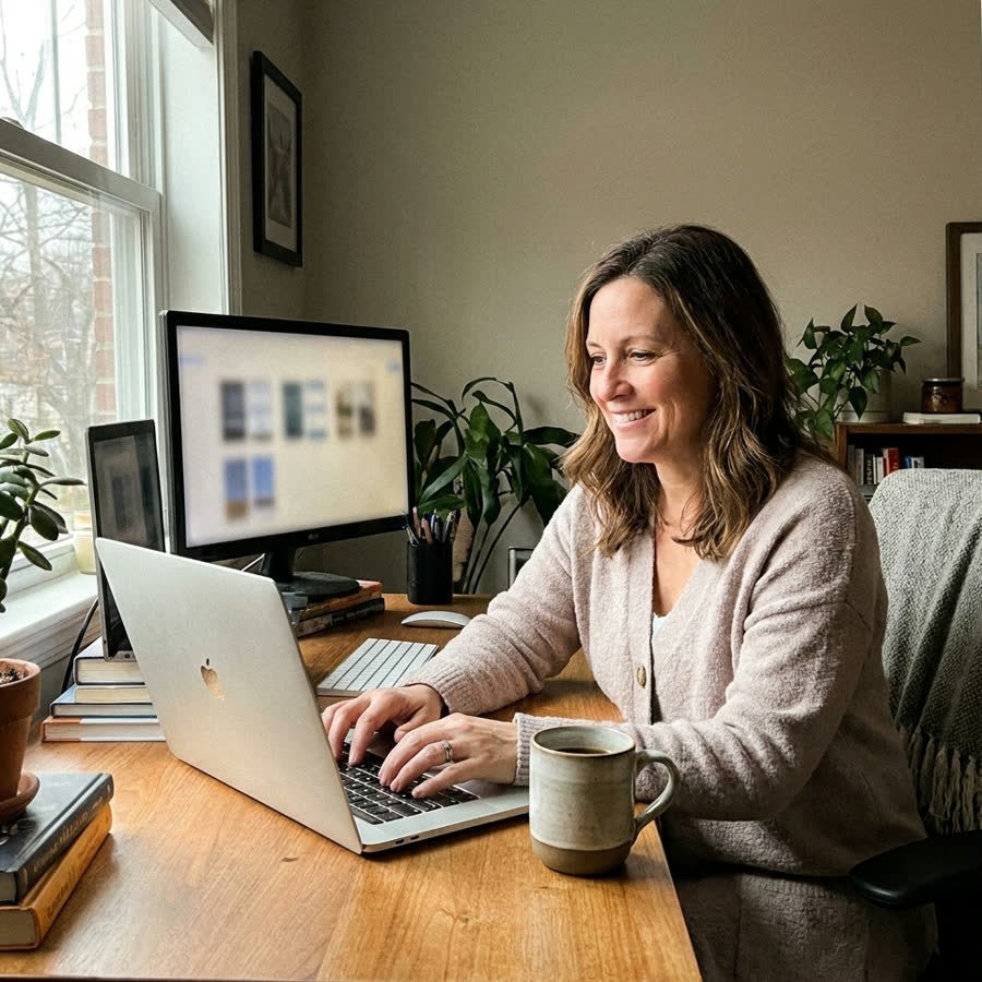 A business owner smiling while she works on her Mac