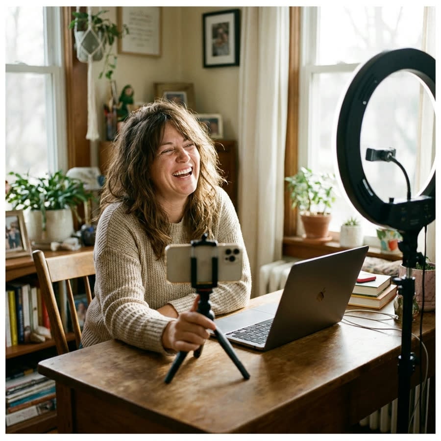 A business owner laughing as she films a video on her phone