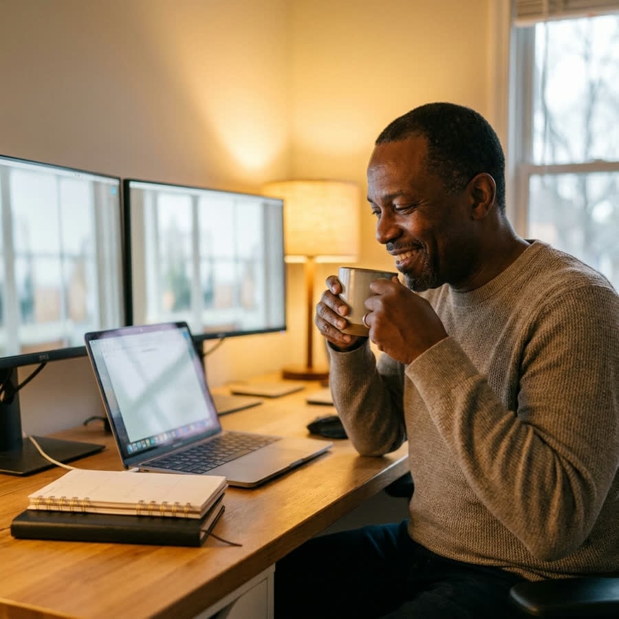 A business owner sipping tea while his computer does the work