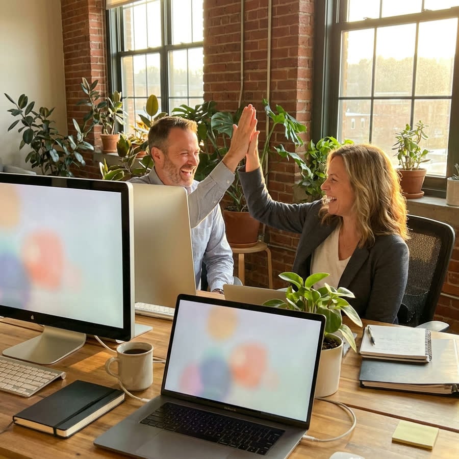 Two business owners giving a high five at their desk