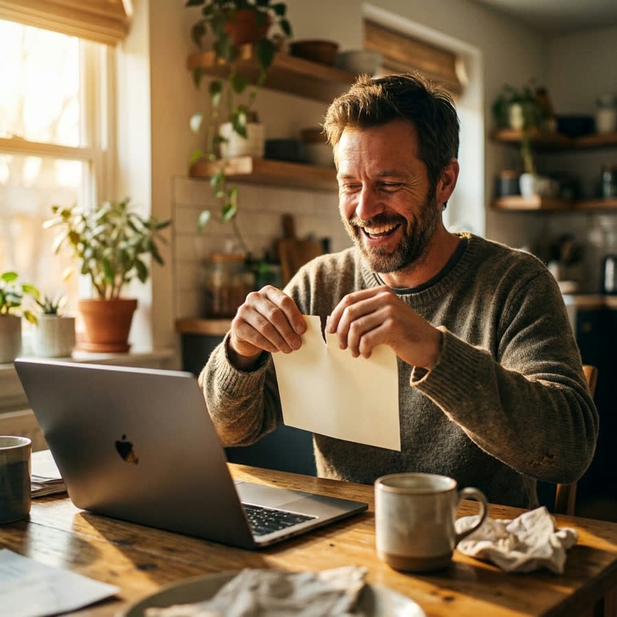 A business owner smiling as he tears up a monthly software bill
